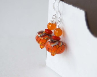 Orange Earrings, Lampwork Glass Earrings, Beaded Earrings, Bright Colorful Earrings