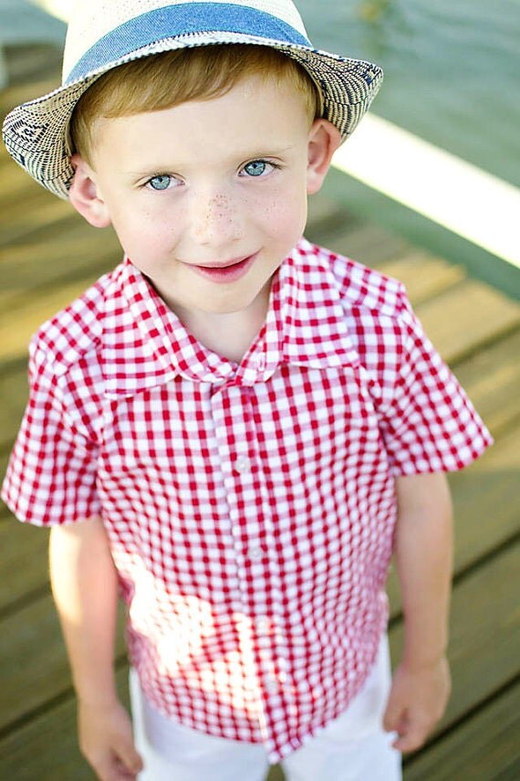 boys shirt red gingham short sleeve by littlestarclothing on Etsy