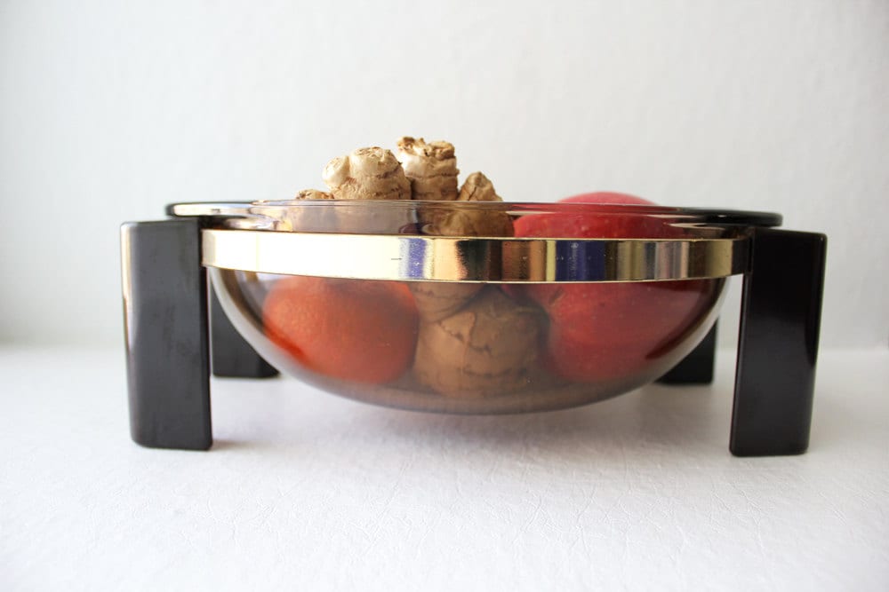 vintage pyrex serving dish with stand / black and gold, smoky glass