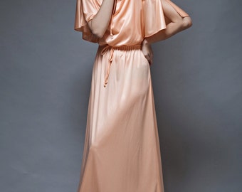 vintage 70s boho hostess maxi dress peach orange slinky cascading drape soft MEDIUM LARGE M L