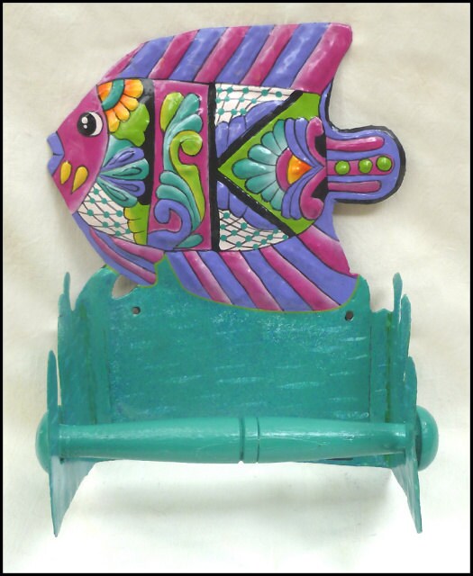 Toilet Paper Holder Hand Painted Metal Tropical Fish