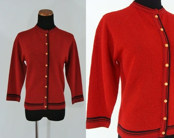 SALE Vintage Fifties Cardigan - 1950 Red Sweater - 50s Pinup Rockabilly Sweater - Free Domestic Shipping
