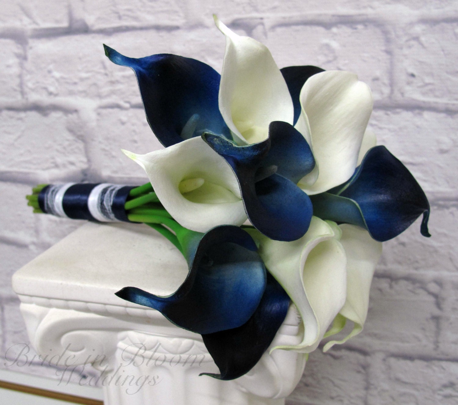 Calla lily Wedding bouquet Navy blue white real touch