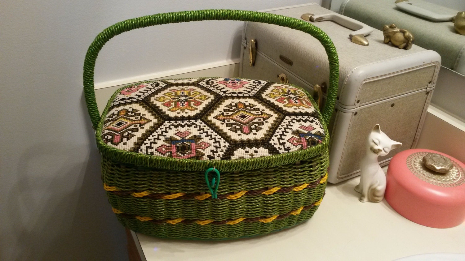 Green Rattan Tapestry Sewing Storage Box Haute Juice