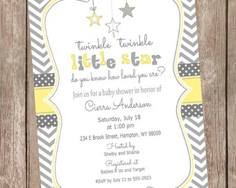 Yellow and Gray Twinkle Twinkle Little Star baby shower invitation, gender neutral baby shower invitation, star invitation, yellow Star-Y