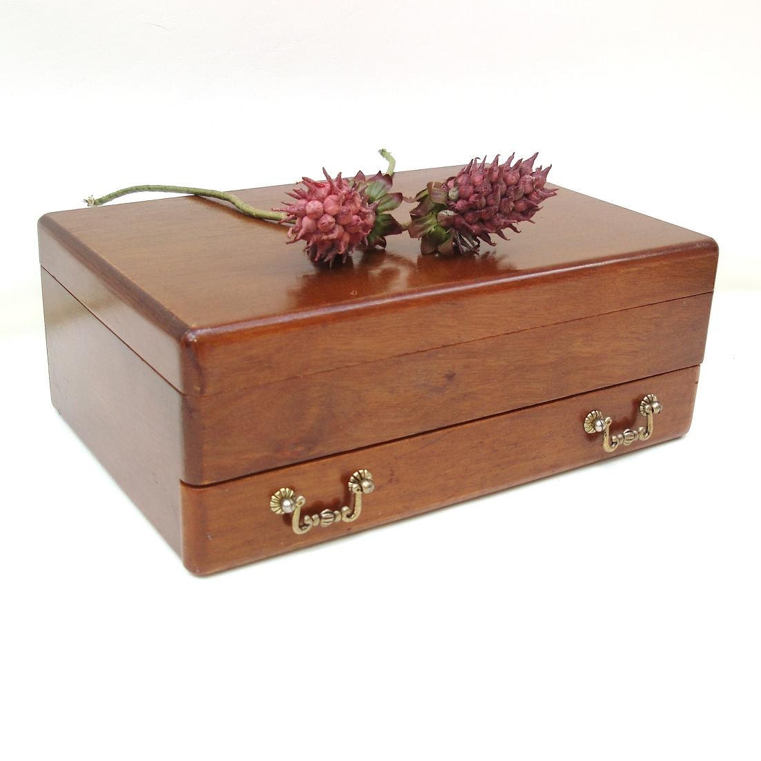 Vintage Mens Valet Wooden Jewelry Box Wood Caddy with Drawer