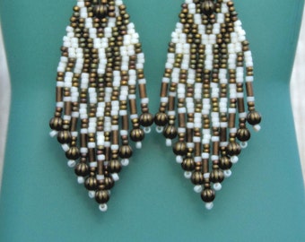 Natural and Bone Seed Bead Earrings - Beadwork Earrings - Beaded Lightweight Earrings - Matte Light Gold and Brass - 2.75 Inch Long