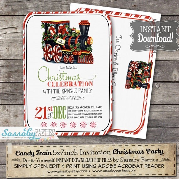Candy Train Christmas Invitation - INSTANT DOWNLOAD - Editable & Printable Party Invite Decorations by Sassaby Parties Il_570xn