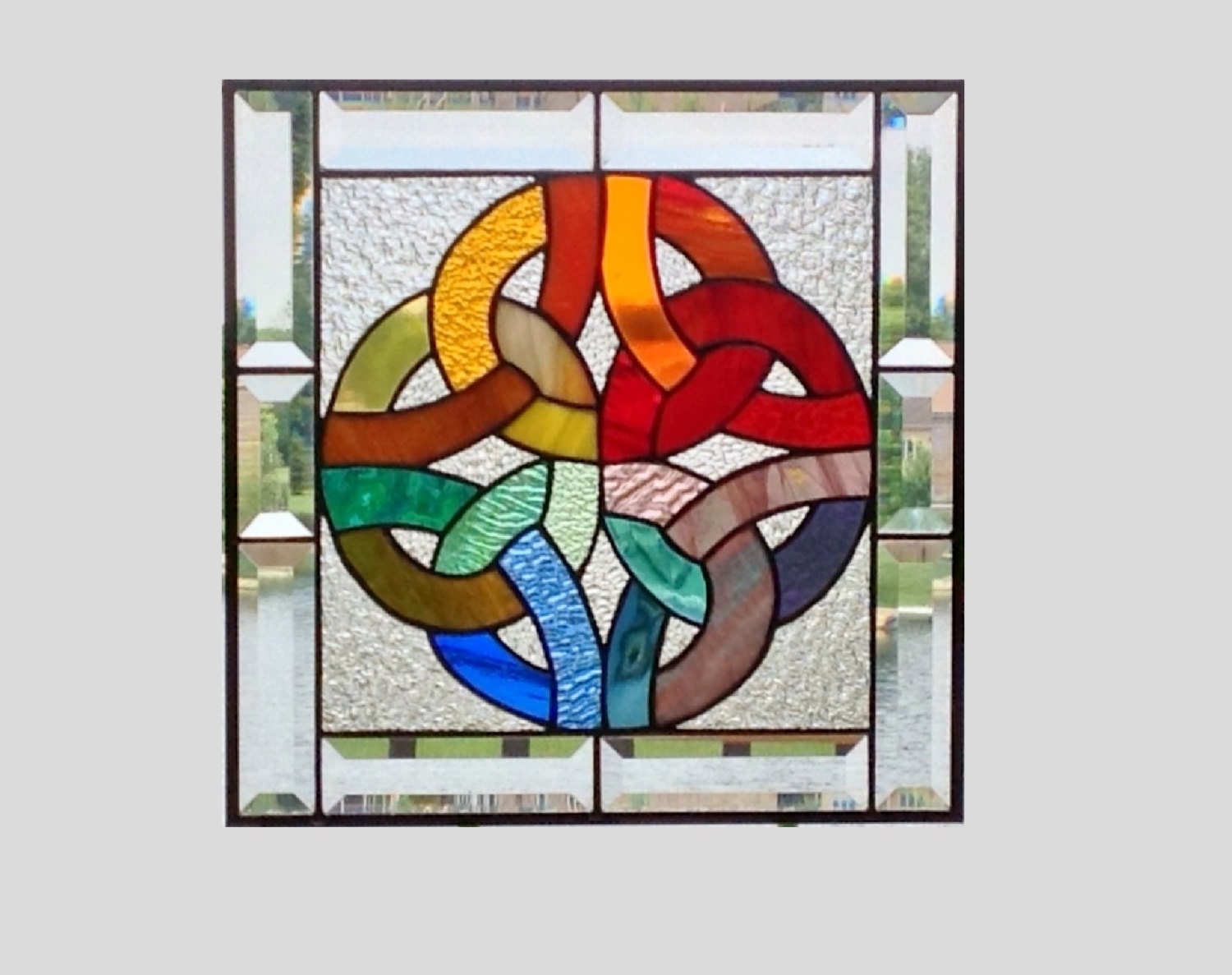 Celtic knot stained glass panel window hanging rainbow