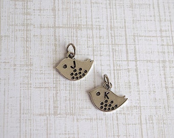 Bird Charm Hand Stamped Initial Letter Antiqued Silver Metal - 2 Pieces
