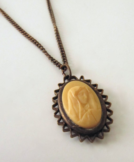 Vintage Celluloid Virgin Mary Cameo Brass Necklace Our
