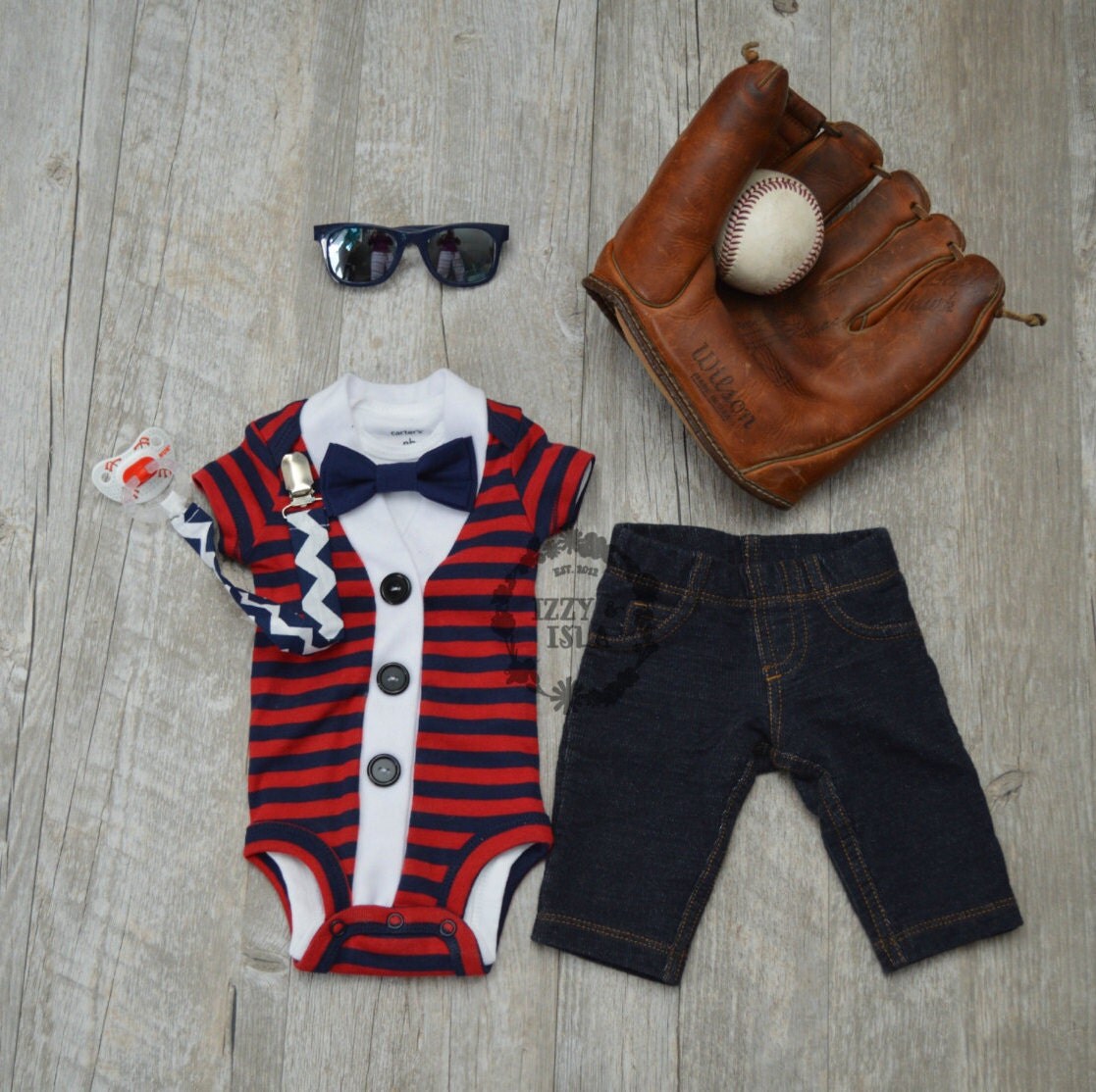 Baby Boy Cardigan Onesie and Bow Tie SetRed & Navy Stripe