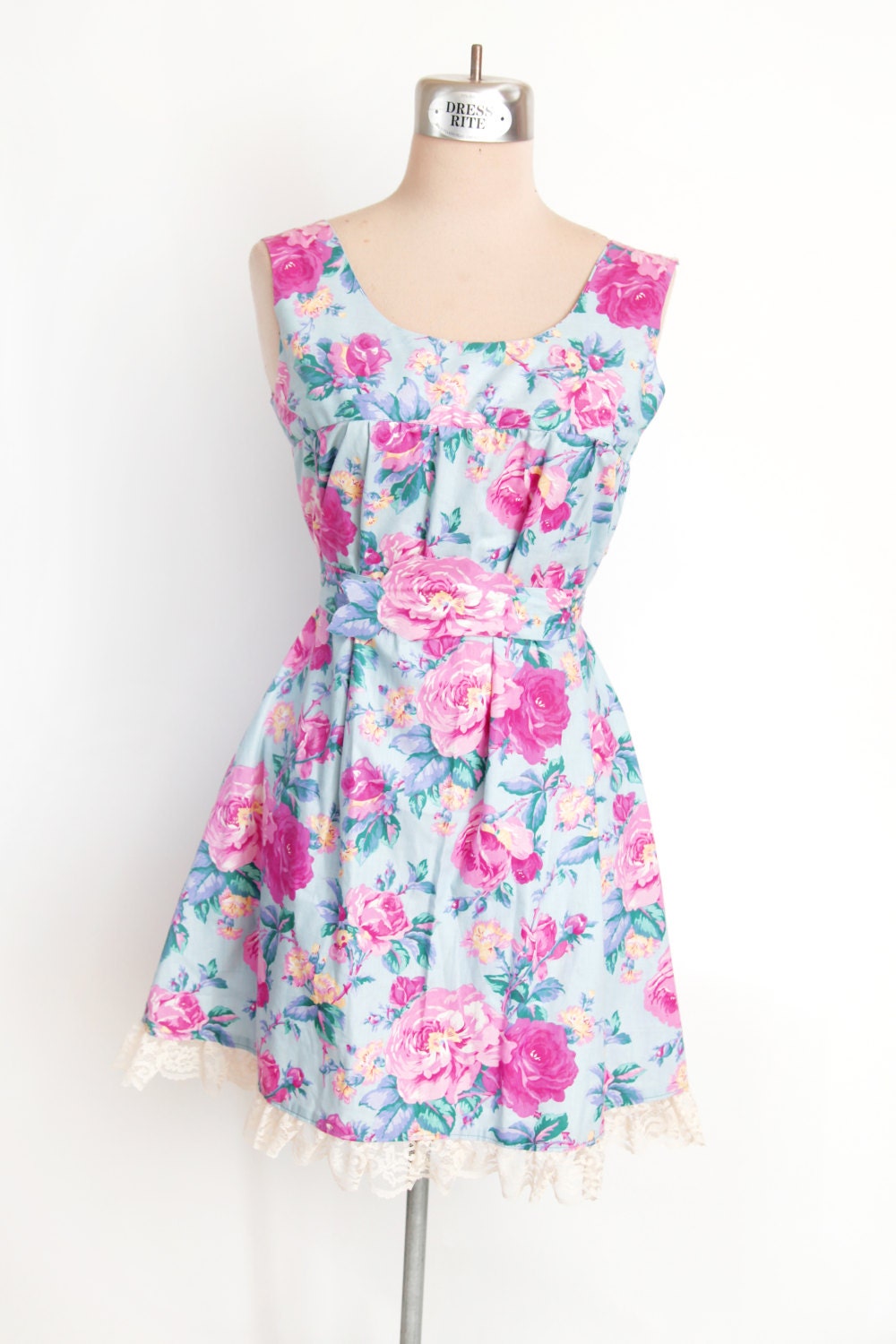 Pastel Blue & Pink Floral Babydoll Lace Trim Summer Dress