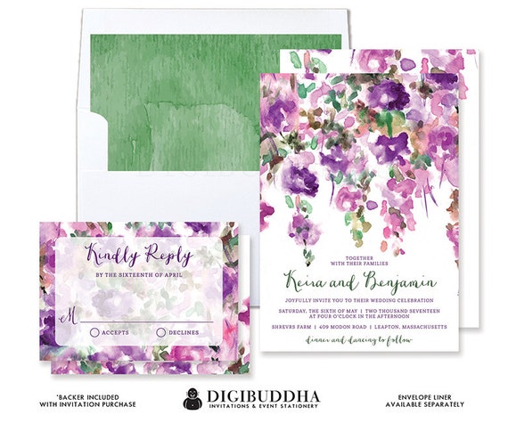 PURPLE FLOWERS WEDDING Invitation RSvP Whimsical Floral Rustic PURPLE FLOWERS WEDDING Invitation RSvP Whimsical Floral Rustic