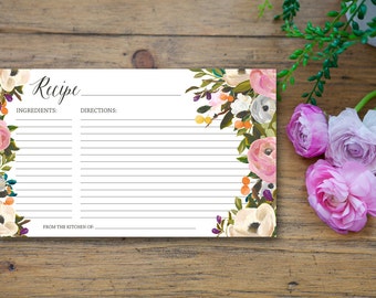Blooming Recipe Card - 3x5 printable download - flowers floral wreath bold garden rose peony orchid wedding bridal shower mother's day gift