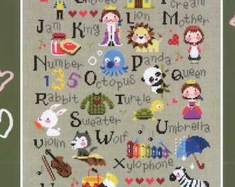 Cute modern cross stitch patterns and kits - alphabet learning, featuring A to Z with related motifs, alphabet samplers, counted