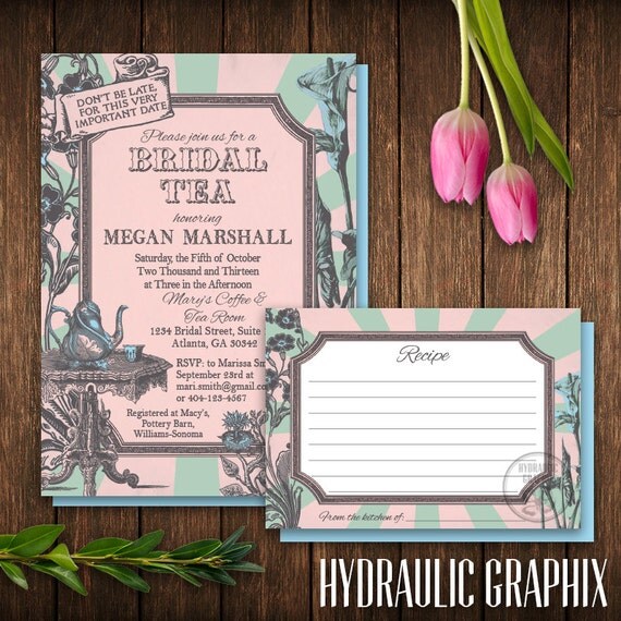 Alice in Wonderland Bridal Shower Invitation and Recipe Card, Printable Wedding Shower Invitation, Mad Hatter Tea Party Bridal Shower Invite Il_570xn