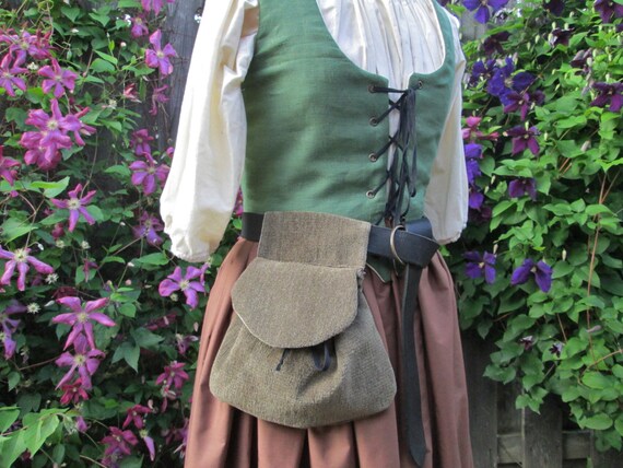 Renaissance Belt Bag Womens Medieval Purse Soft Brown/Green