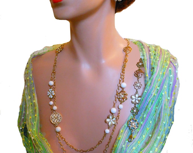 1928 necklace, bracelet and earrings, gold chain, enamel flowers, flowers with rhinestones, floral discs and floral and plain cream beads