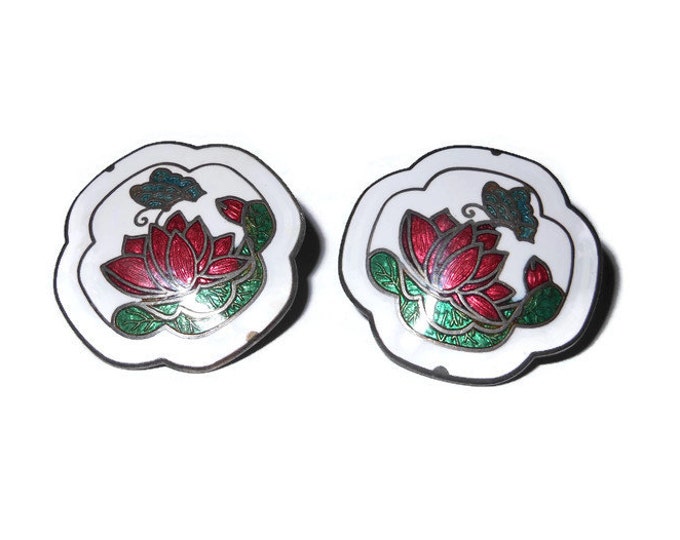 FREE SHIPPING Cloisonne floral earrings, pierced quatrefoil earrings, white enamel with red flower and blue green butterfly, rose peony