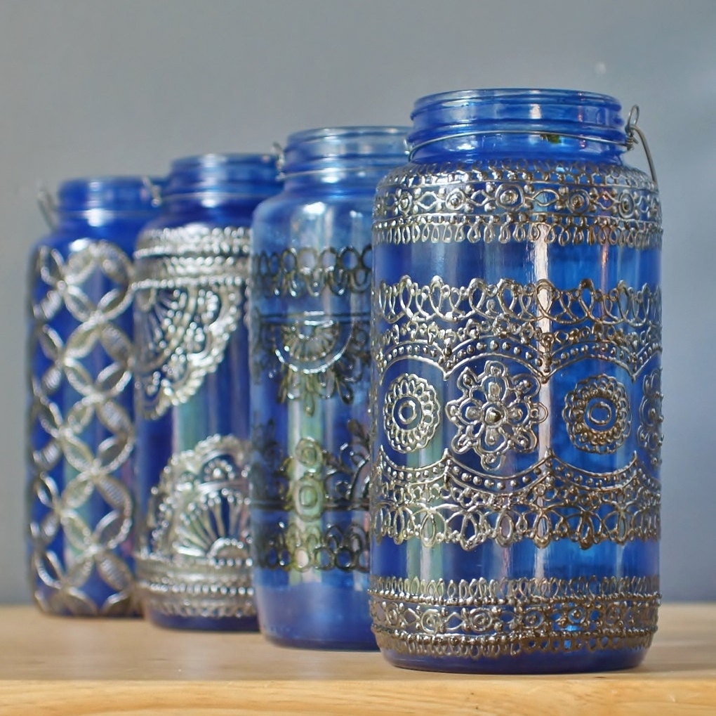 Mason Jar Candle Lantern Azure Blue Glass with Pewter