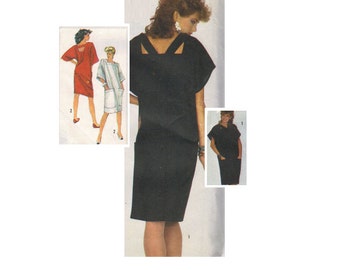 Simplicity 80s Retro Dress Sewing Pattern New Wave Style Loose Fit Straight Skirt Cut Away Open Back Button Closing Bust 34