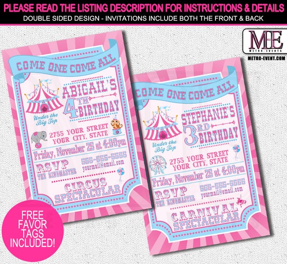 Pretty Pink and Blue, Carnival and Circus Invitations for Girls Il_570xn