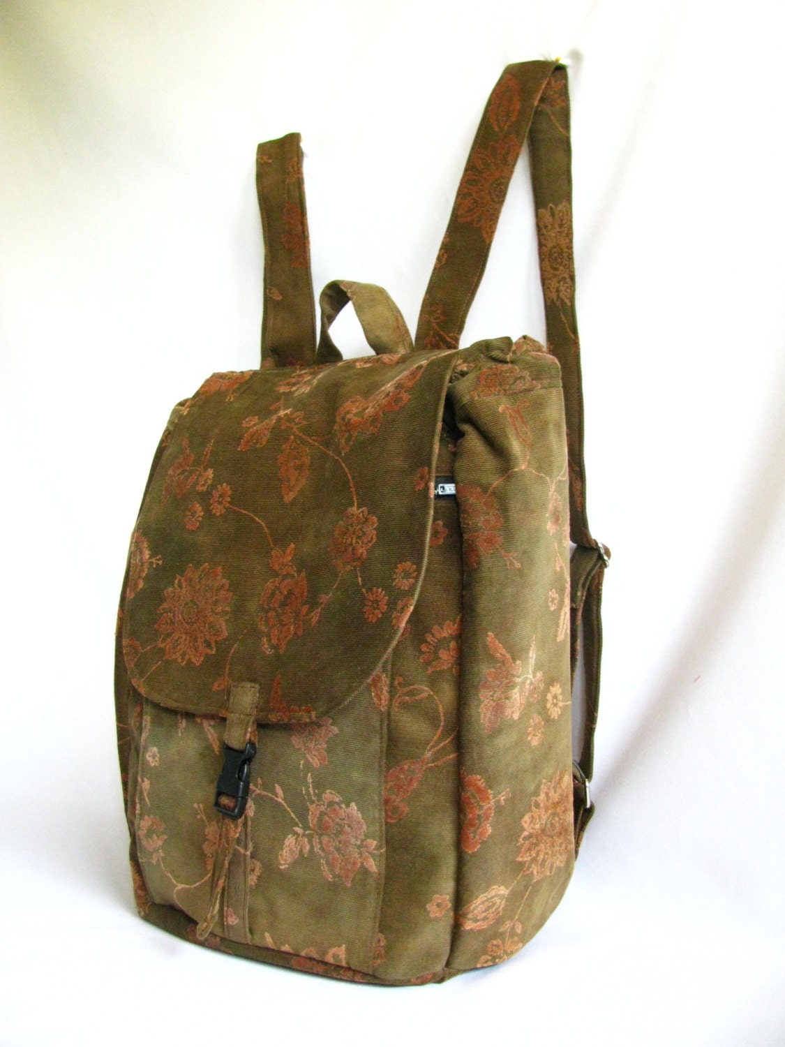 Large backpack Olive green with velvet embossed floral