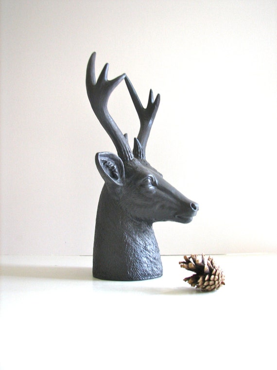 Faux Stag Deer Head Bust animal statue in charcoal grey for