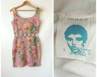 80s Betsey Johnson Dress / Mauve Pink Floral Print / 80s Bodycon Mini Dress / Cut Out Waist Open Work / Betsey Johnson Punk Label / Medium