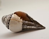 Trumpet Conch Shell, Fine Silver Ethnic Tibetan Ceremonial Conch Shell, Hand-crafted Ritual Object, Floral and Greek key Etched Detail