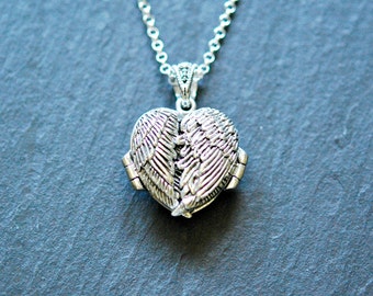 Guardian angel wings sterling silver heart locket necklace - polished back - memorial photo - sentimental heirloom jewelry - dark angel