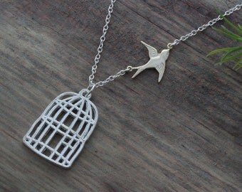 Be Free Sparrow Necklace, Silver bird cage necklace, Go Fetch gift, Sparrow Necklace, Somebody leaving gift, Divorce - Flying bird necklace
