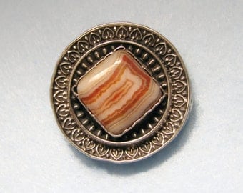 VICTORIAN MEMORIAL Locket Brooch "In Fond Remembrance of Dear Stanley" -- Sterling Silver and Banded Agate