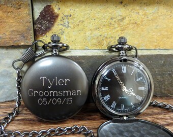 Personalized Groomsmen Pocket Watch, Gunmetal Monogrammed Pocket Watch, Gifts for Men, Groomsmen Gift, Best Man, Father of the bride (775)