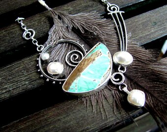 Variscite and Pearl Necklace - Asymmetrical Collar - Bohemian Necklace