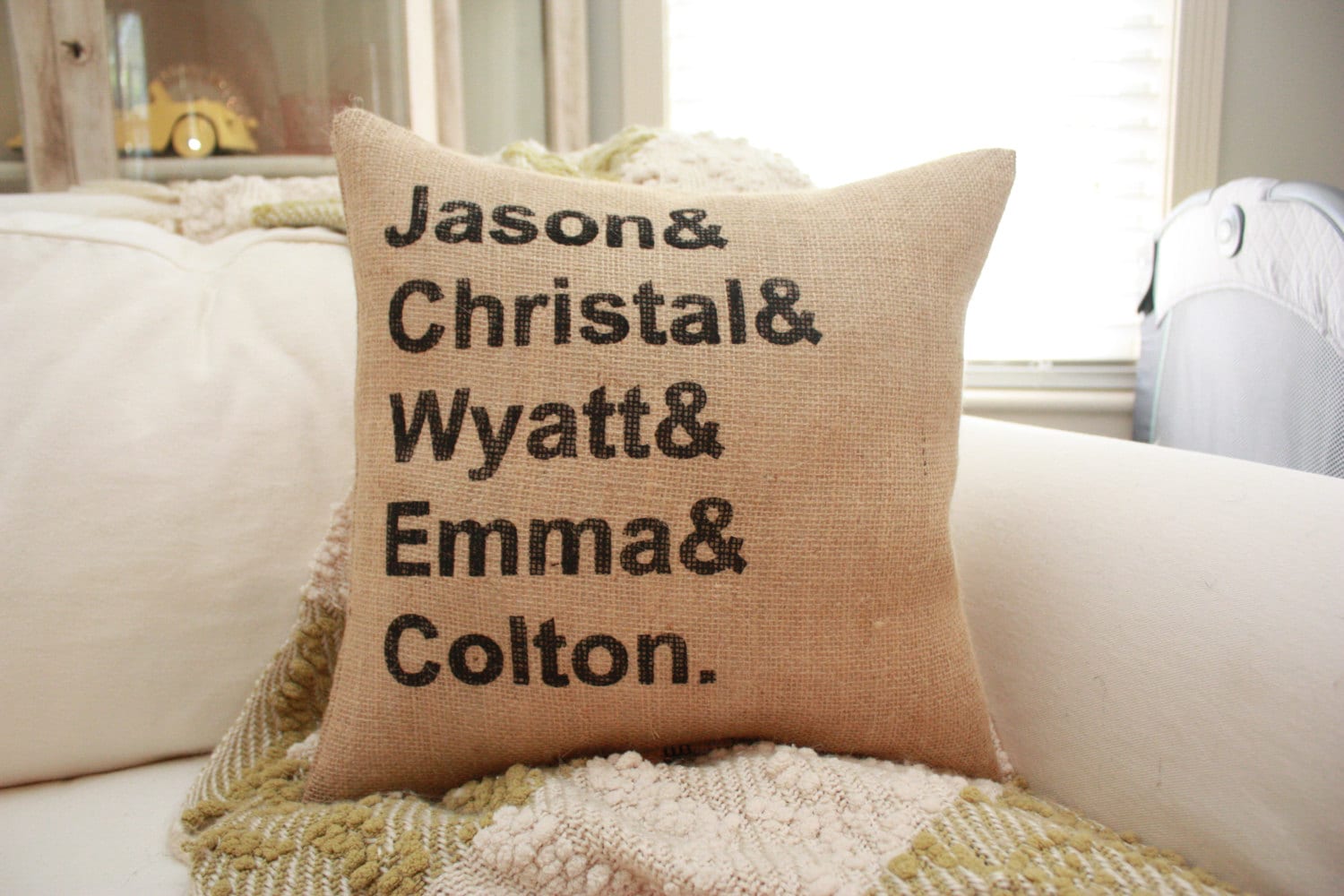 Burlap Pillow Personalized Family Name Pillow / Kids Names