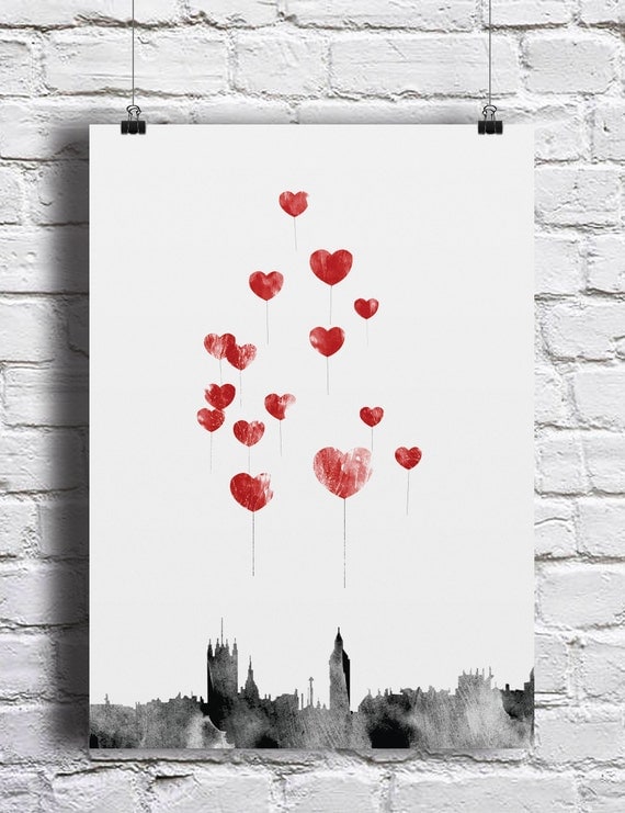 A3 Love in London - Red Heart Balloons Over London Skyline with Big Ben, Limited Edition Art Print