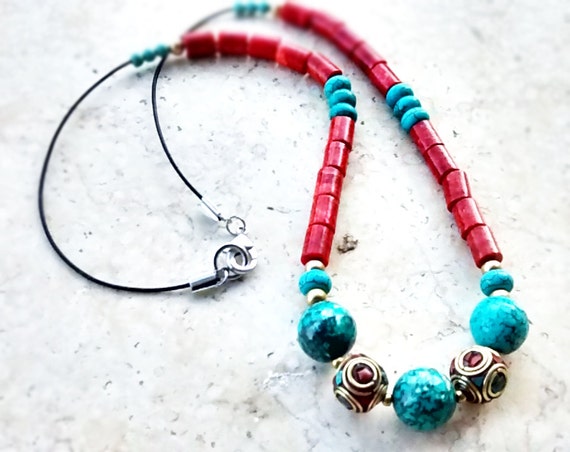 Coral and Howlite Gem Necklace - New Custom Handmade Heishi Necklace - Tribal Necklace - Women Heishi Jewelry