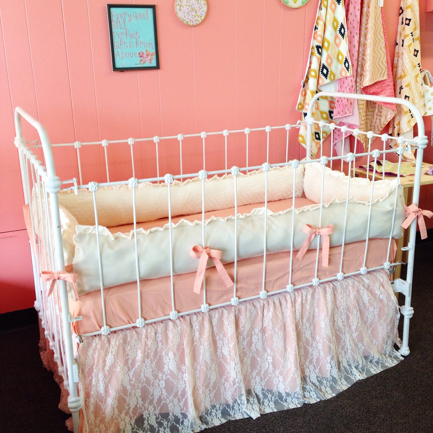 Peaches and Cream Lace Baby Crib Bedding Ruffled Lace Crib