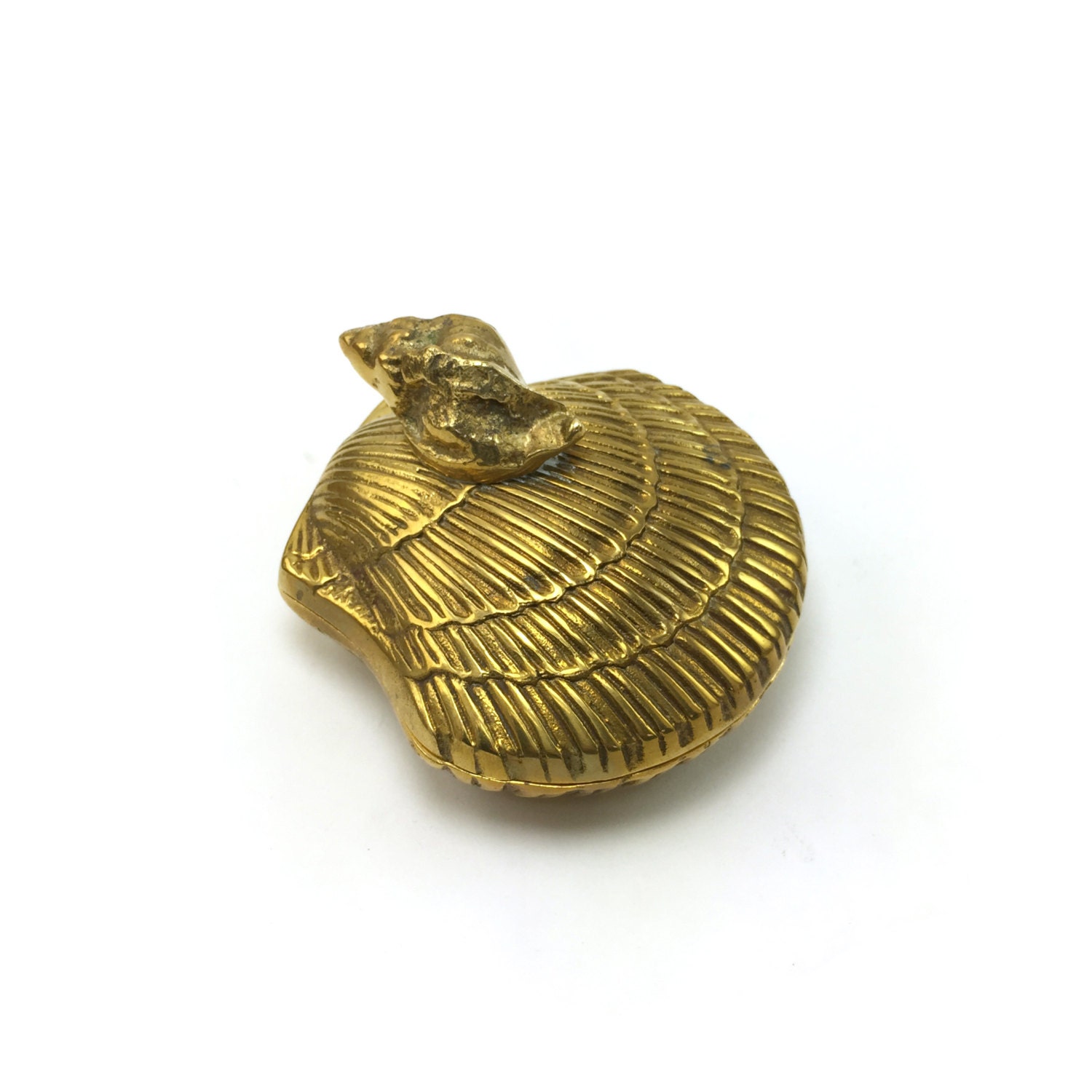 Vintage Brass Shell Jewelry Box Gold Container Engagement