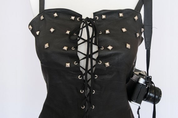 black leather lace up top
