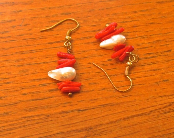 Pearl and Coral Earrings, Natural, 1.5 Inches Long, Gold Plate French Hooks E113