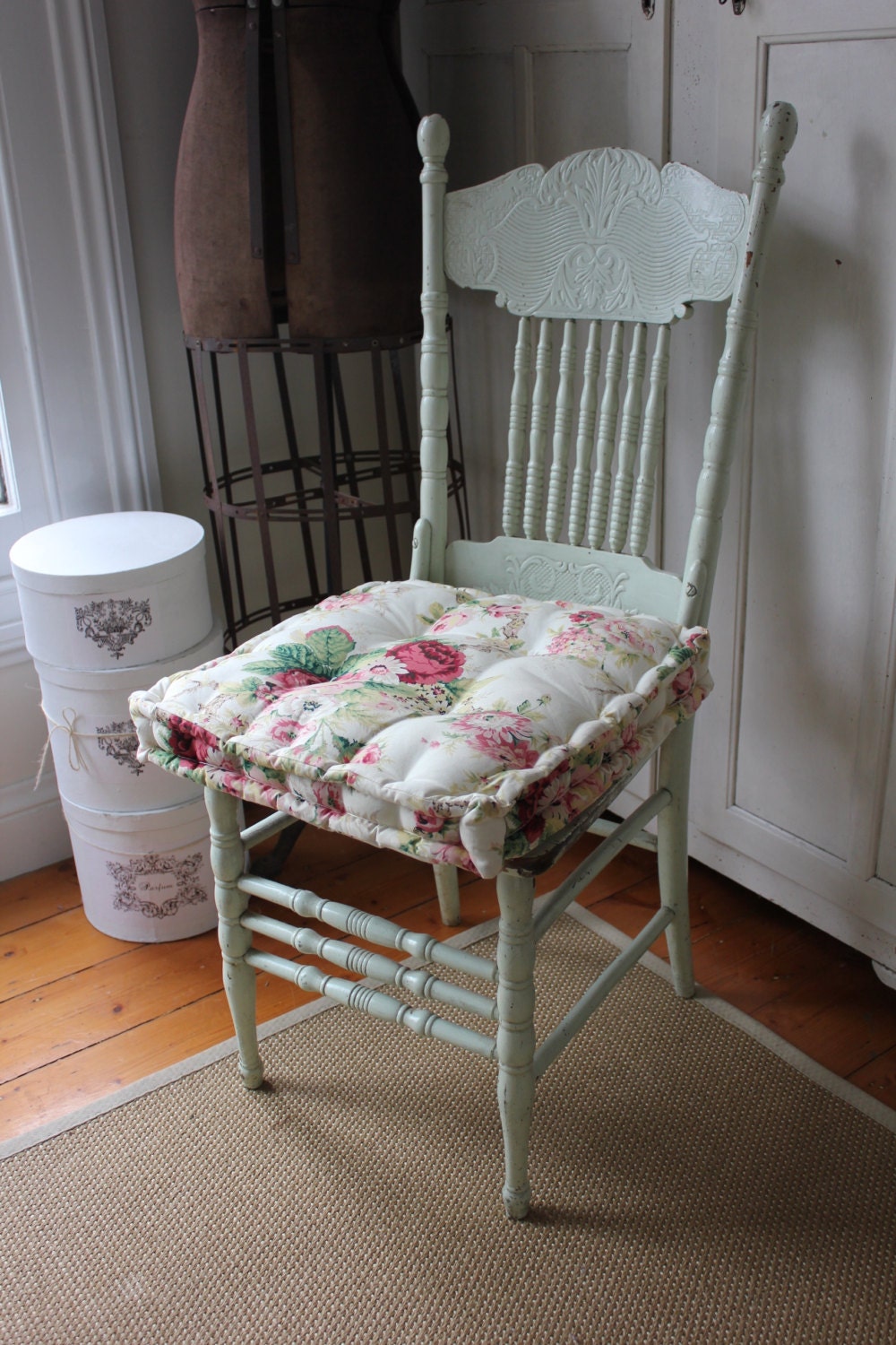 Antique Shabby Mint Green Pressed Back SPINDLE CHAIR ROSES Cushion