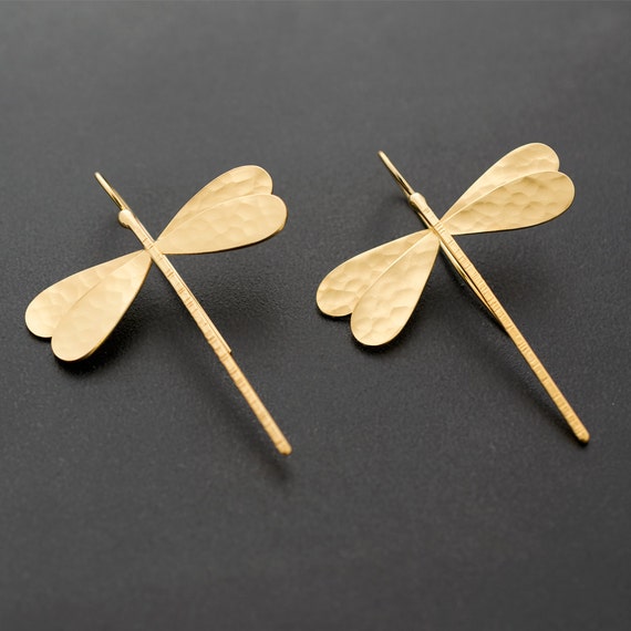 Gold dragonfly earrings solid sterling silver by emmanuelaGR