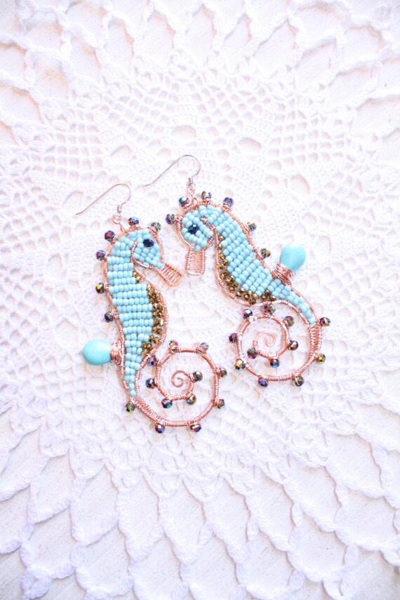Turquoise Seahorse Wire Wrapped Earrings Marine Animals