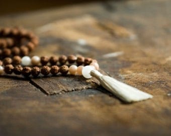 Hata Mala Necklace – Blancing, Prayer Beads, Healing Jewelry, Buddhist Necklace, Japa Mala, Rudraksha, Moonstone, Sunstone