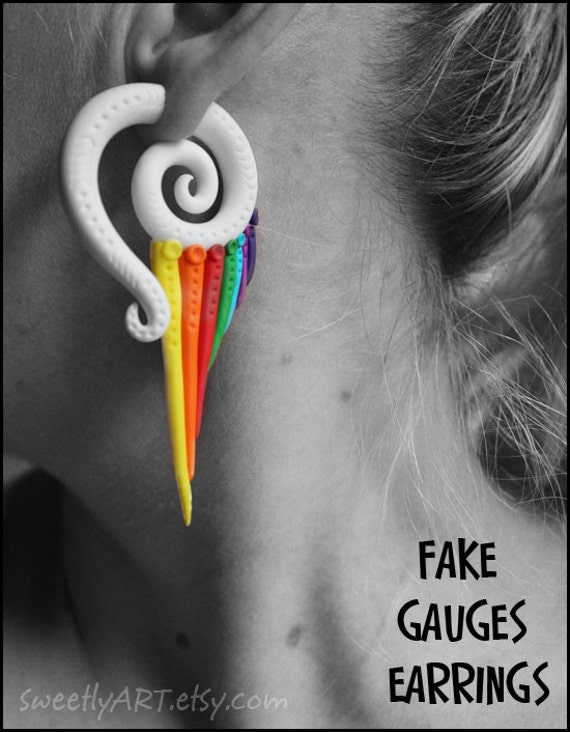 Rainbow fake gauge earrings, faker gauges, fake ear plug, angel