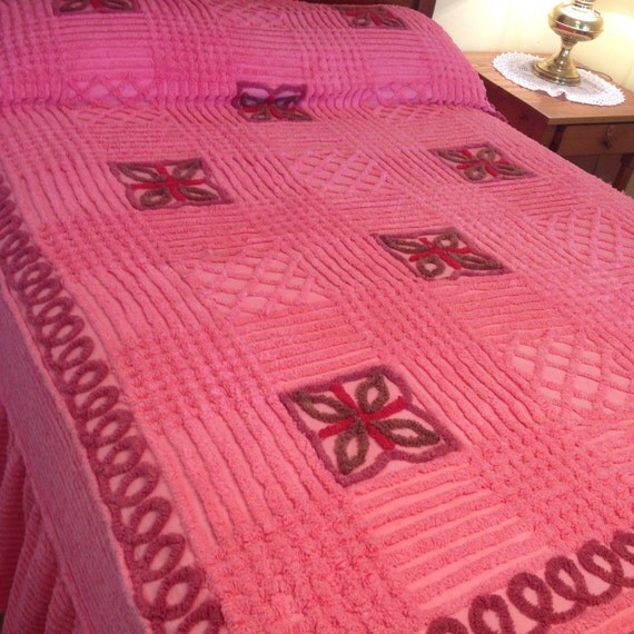 Pink Chenille Bedspread with ruffle Vintage 1950's by AStringorTwo