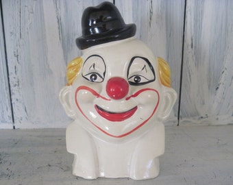 Vintage ceramic clown figurine piggy bank, piggy bank for boys girls, clown with hat statue figurine piggy bank, vintage art and collectible